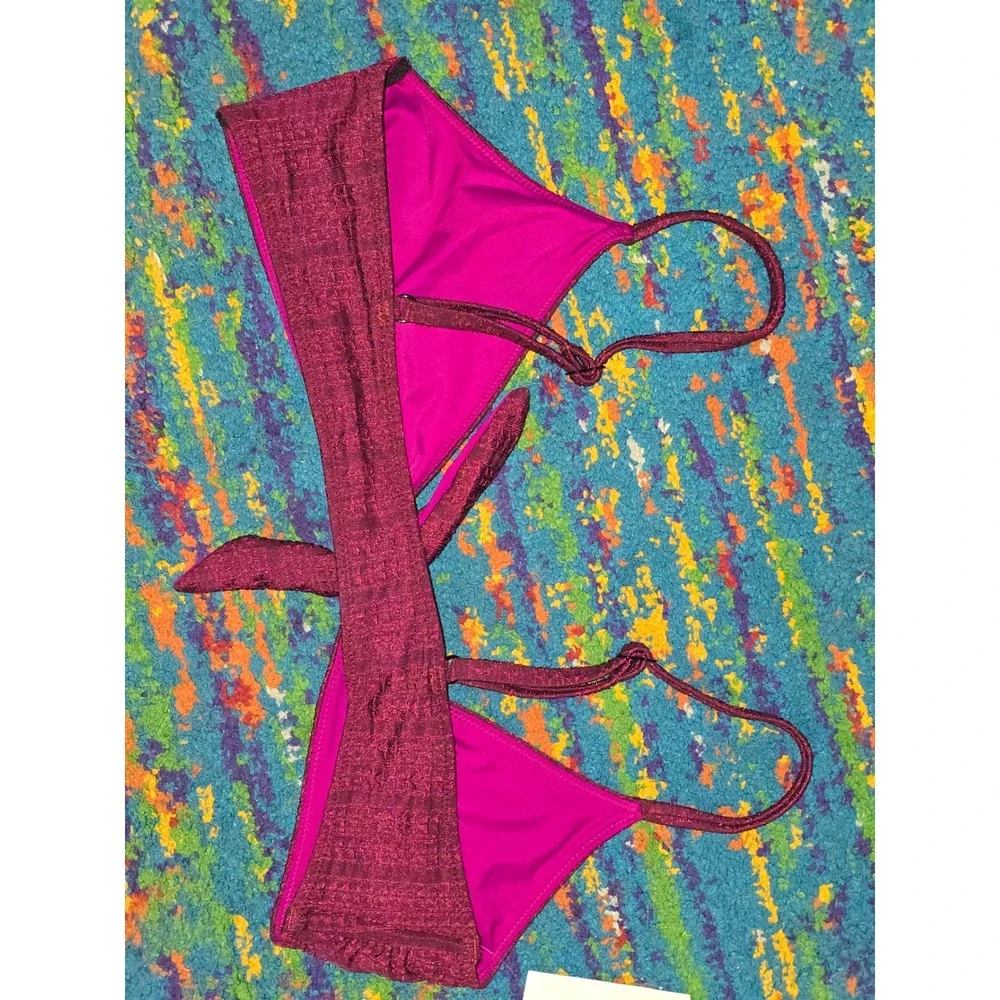 NWT Lemlem Bikini Top Burgundy Sara Tie Front Shimmer Women Size M RS2416 - Picture 4 of 7